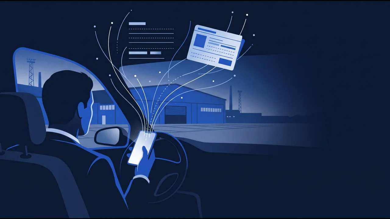 Illustration: Außendienstler spricht im Auto eine Notiz ins Smartphone, daraus entstehen Notizzeilen und eine Kundenkarte